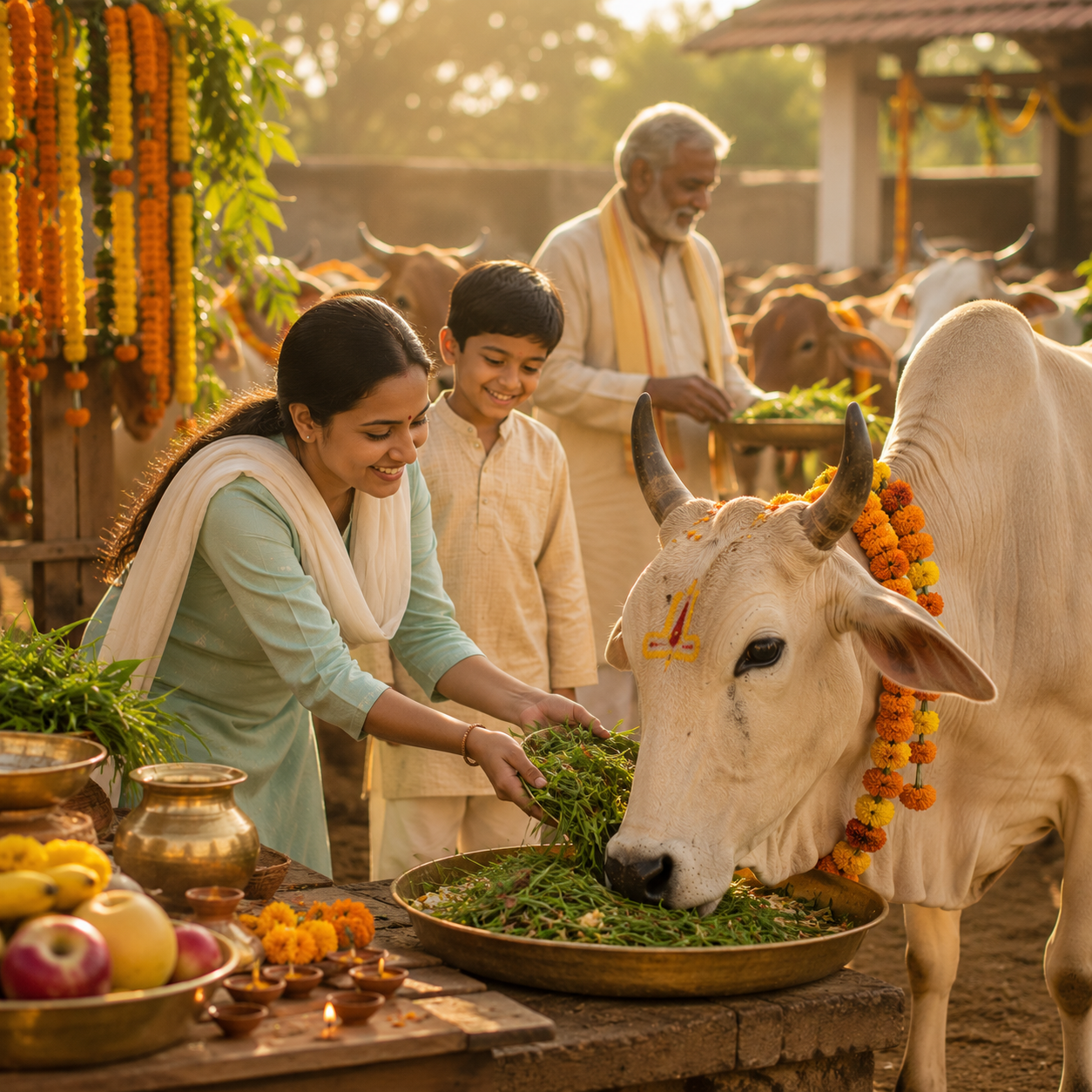 Illustration of compassion and seva for Gau Mata