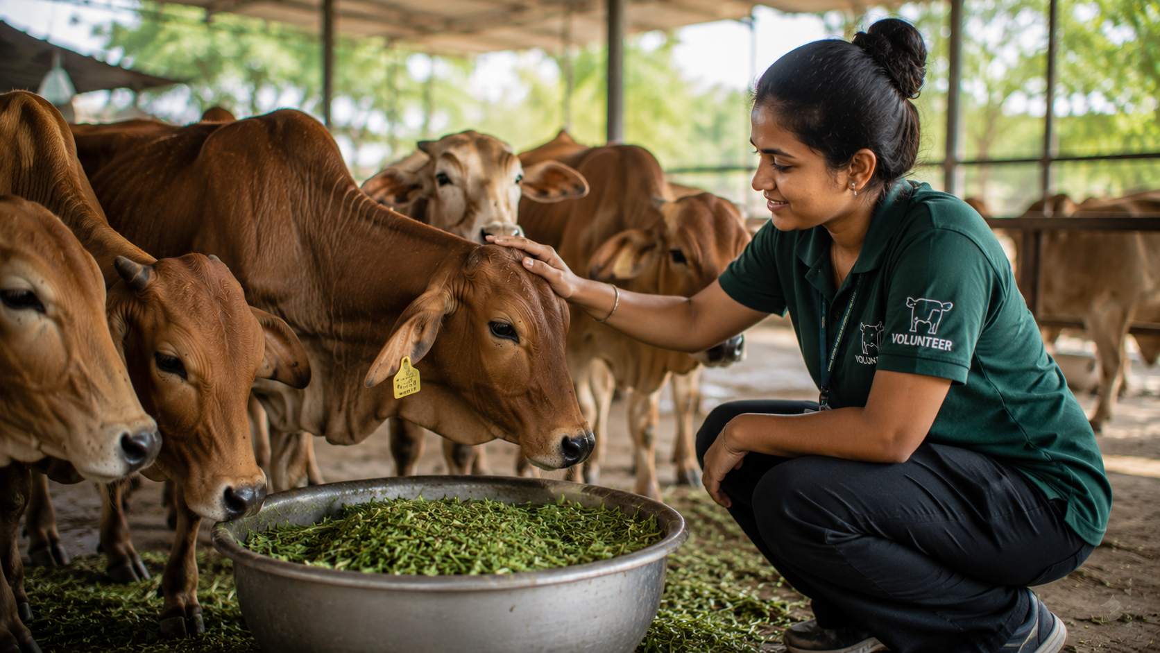 A volunteer feeding cows at the Gaushala