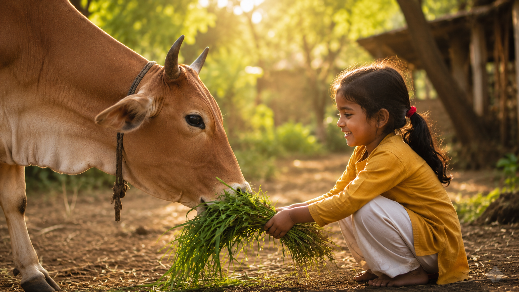 A child feeding fresh green fodder to a cow