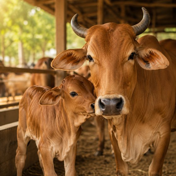 A cow and her calf cared for at Sri Golok Dham