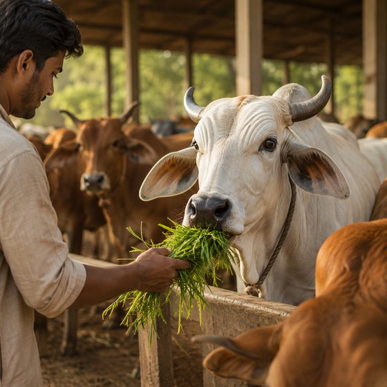 Cows being fed fresh green fodder at the Gaushala