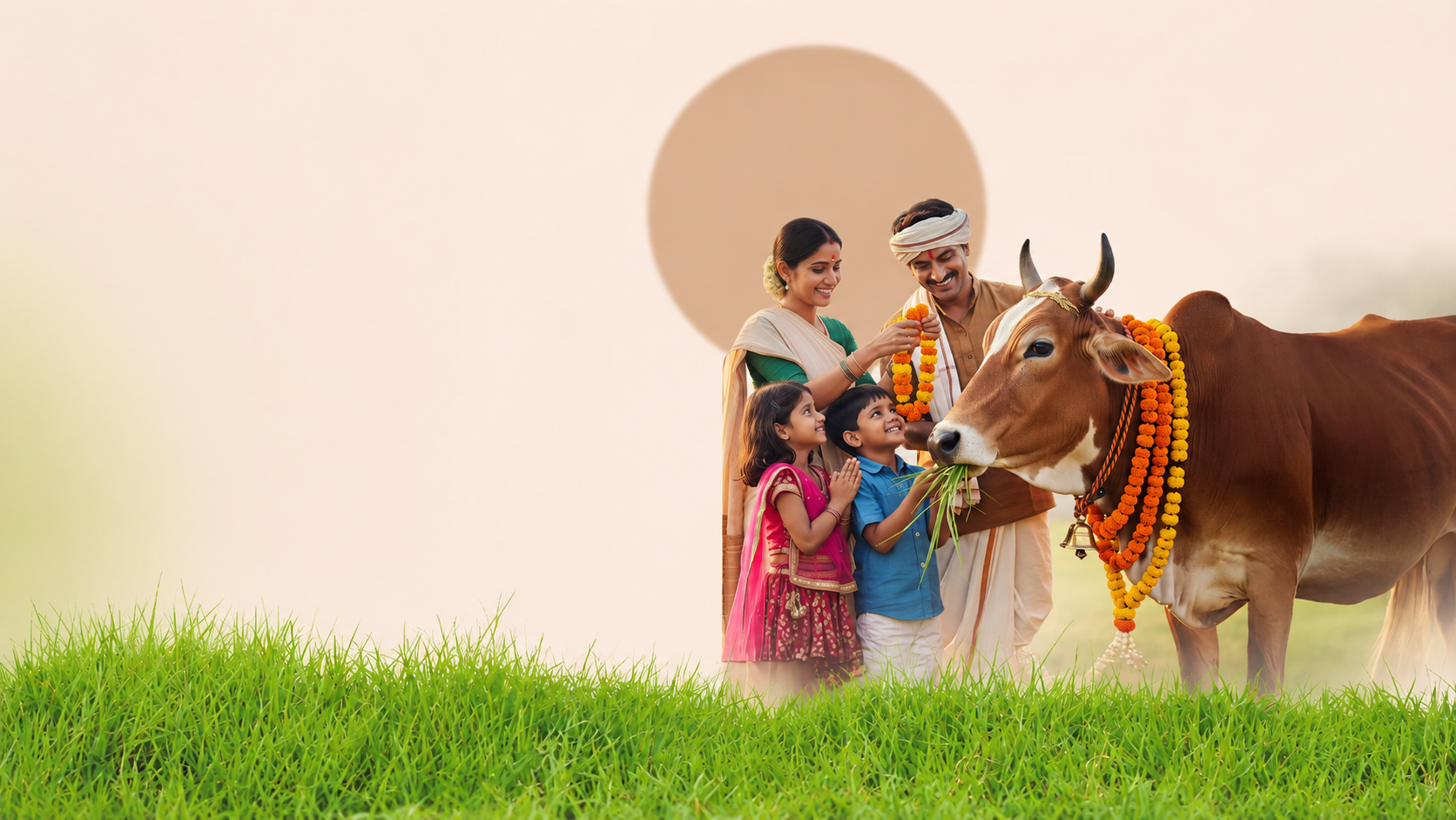 Family offering seva to Gau Mata at Sri Golok Dham