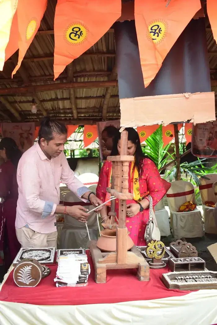 A display table of cow-based products at the Gaushala